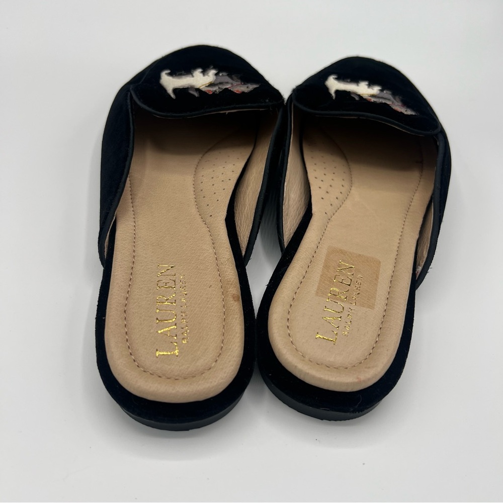 Ralph Lauren Black Velvet Loafers Scottish Terrier Dog Embroidery 10 New Mules - Picture 4 of 6